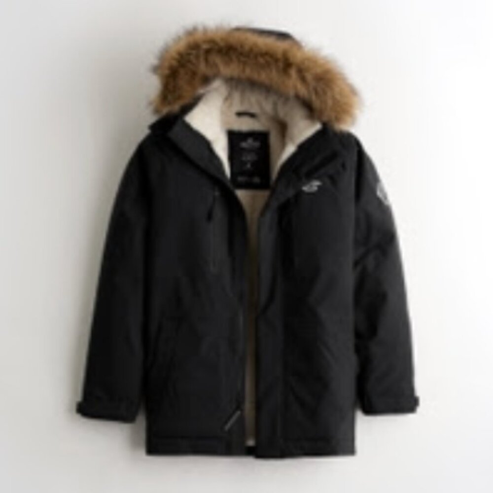 Hollister Men Black Faux Fur-Lined All-Weather Parka